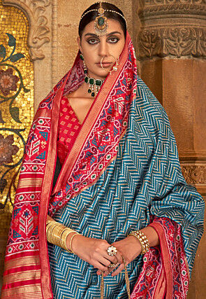 Patola Printed Art Silk Saree in Sky Blue