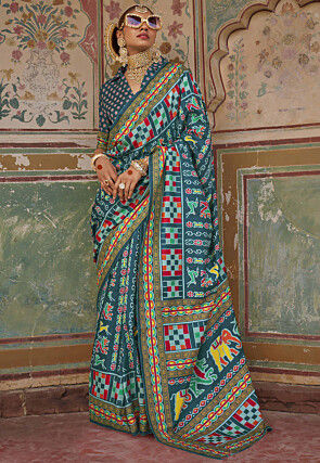 Patola Printed Art Silk Saree in Teal Blue