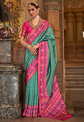 Patola Printed Art Silk Saree in Teal Green