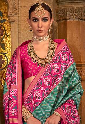 Patola Printed Art Silk Saree in Teal Green