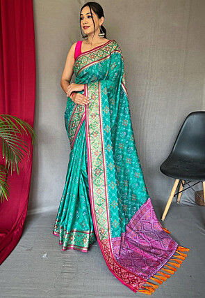 Patola Printed Art Silk Saree in Teal Green