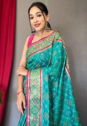 Patola Printed Art Silk Saree in Teal Green