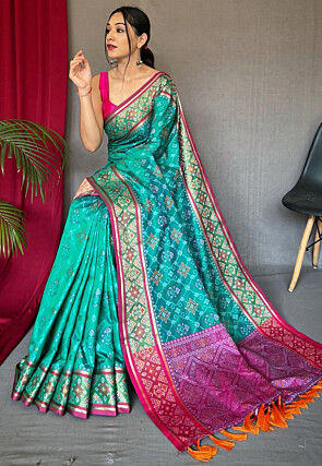 Patola Printed Art Silk Saree in Teal Green