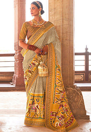 Patola Printed Art Silk Saree in Yellow and Off White