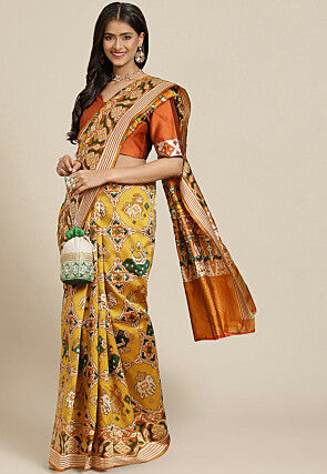 Patola Printed Art Silk Saree in Yellow