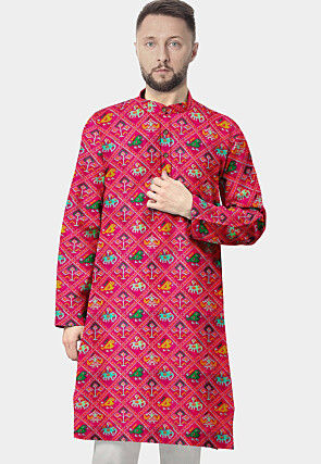 Patola Printed Art Silk Straight Kurta in Fuchsia