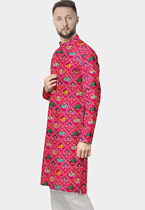Patola Printed Art Silk Straight Kurta in Fuchsia