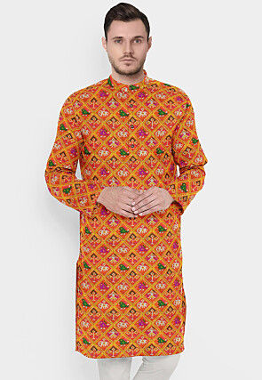 Patola Printed Kota Silk Straight Kurta in Orange