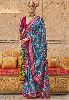 Patola Printed Art Viscose Silk Saree in Blue