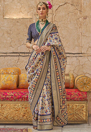 Patola Printed Art Viscose Silk Saree in Cream and Multicolor