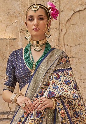 Patola Printed Art Viscose Silk Saree in Cream and Multicolor