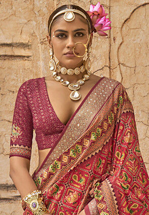 Patola Printed Art Viscose Silk Saree in Red and Multicolor