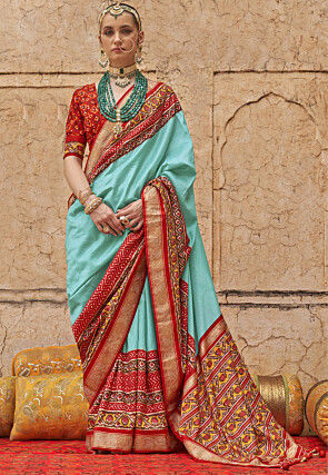 Patola Printed Art Viscose Silk Saree in Sky Blue and Red