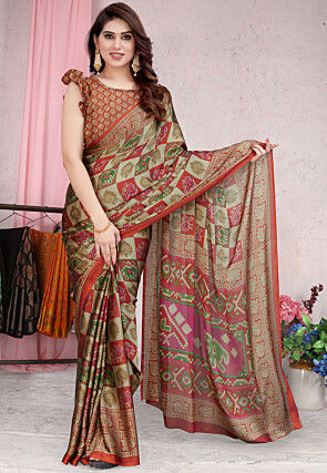Patola Printed Chiffon Saree in Beige and Red