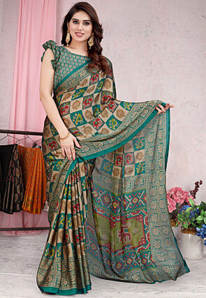 Patola Printed Chiffon Saree in Beige and Teal Blue