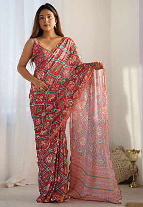 Patola Printed Chinon Silk Scalloped Saree in Red
