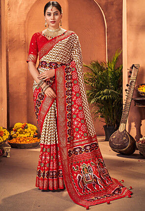 Patola Printed Cotton Silk Saree in Off White and Red