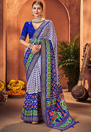 Patola Printed Cotton Silk Saree in Off White and Royal Blue