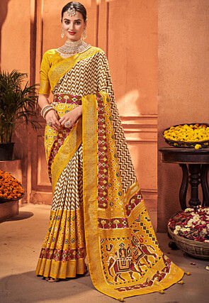 Patola Printed Cotton Silk Saree in Off White and Yellow