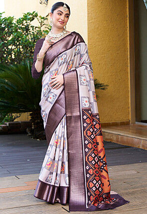 Patola Printed Crepe Saree in Beige