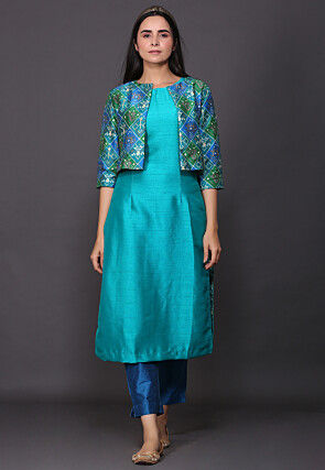 Patola Printed Dupion Silk Straight Kurta Set in Light Blue