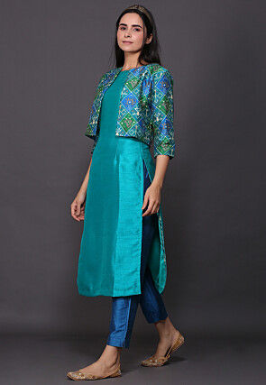 Patola Printed Dupion Silk Straight Kurta Set in Light Blue