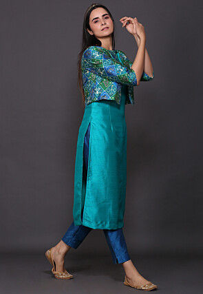 Patola Printed Dupion Silk Straight Kurta Set in Light Blue