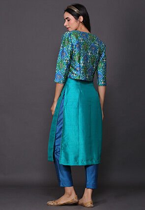 Patola Printed Dupion Silk Straight Kurta Set in Light Blue