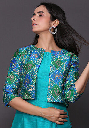 Patola Printed Dupion Silk Straight Kurta Set in Light Blue