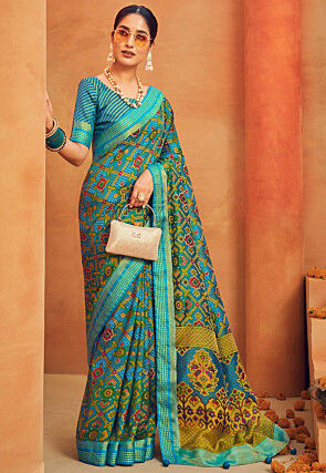 Patola Printed Georgette Saree in Turquoise