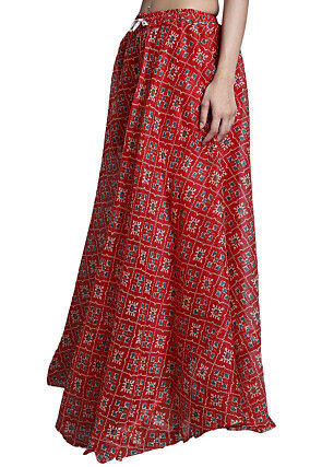 Patola Printed Kota Doria Skirt in Red