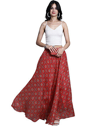 Patola Printed Kota Doria Skirt in Red