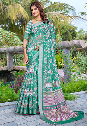 Patola Printed Linen Cotton Saree in Teal Green