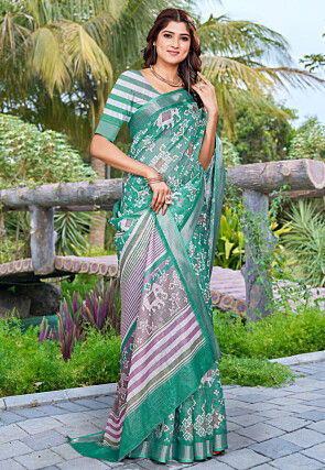 Patola Printed Linen Cotton Saree in Teal Green