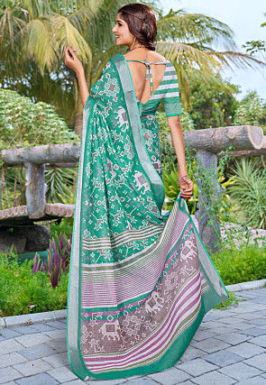 Patola Printed Linen Cotton Saree in Teal Green