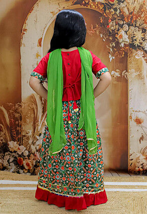 Patola Printed Pure Cotton Lehenga in Dark Green