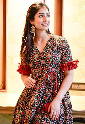 Patola Printed Rayon Pakistani Suit in Black