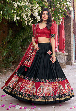 Patola Printed Tussar Silk Lehenga in Black