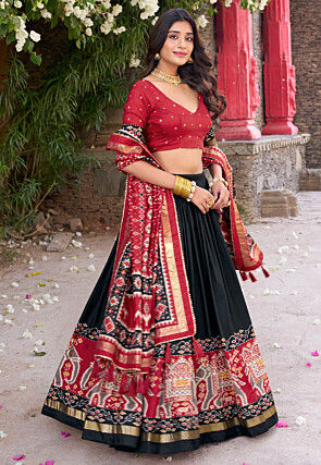 Patola Printed Tussar Silk Lehenga in Black