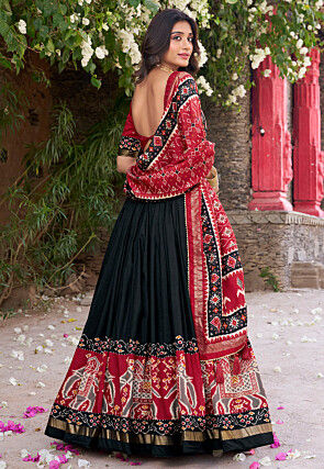 Patola Printed Tussar Silk Lehenga in Black