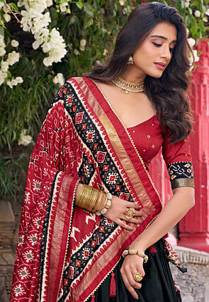 Patola Printed Tussar Silk Lehenga in Black