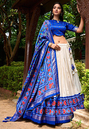 Patola Printed Tussar Silk Lehenga in Cream