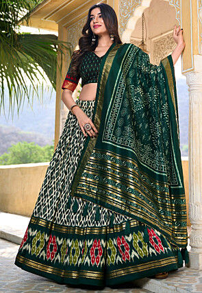 Patola Printed Tussar Silk Lehenga in Dark Green
