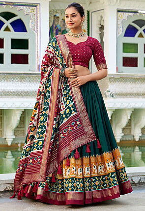 Patola Printed Tussar Silk Lehenga in Dark Green