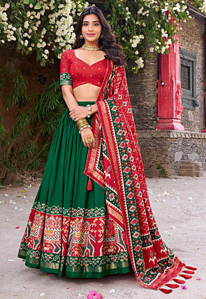 Patola Printed Tussar Silk Lehenga in Green