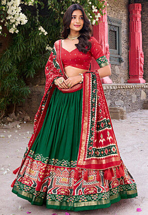 Patola Printed Tussar Silk Lehenga in Green