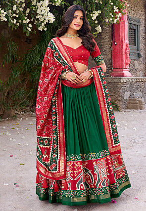 Patola Printed Tussar Silk Lehenga in Green