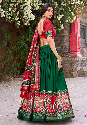 Patola Printed Tussar Silk Lehenga in Green