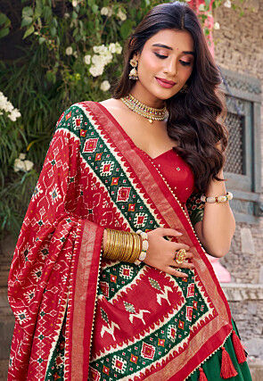 Patola Printed Tussar Silk Lehenga in Green