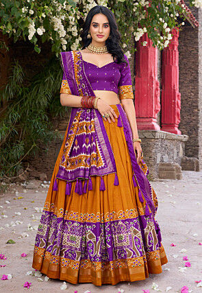 Patola Printed Tussar Silk Lehenga in Orange